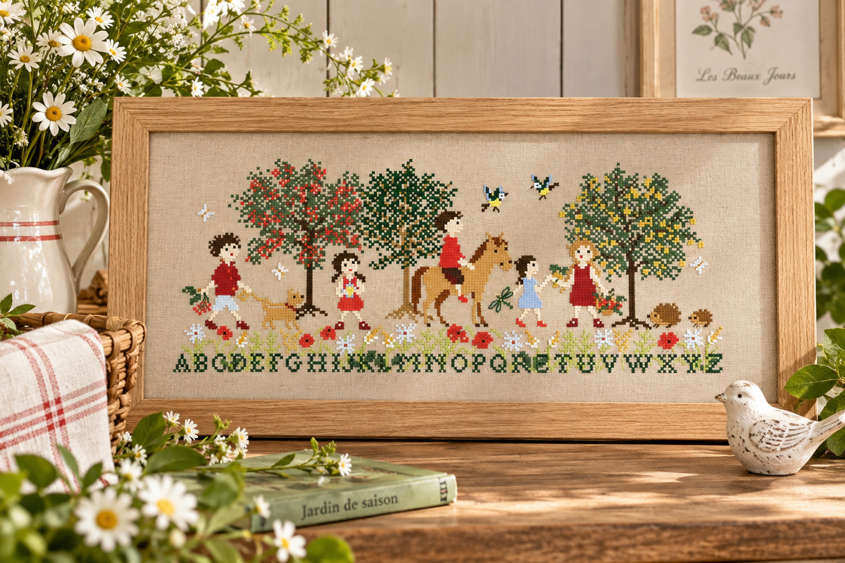 Brodez Les beaux jours de Perrette Samouïloff, une scène estivale avec enfants, fleurs et alphabet. Grille de point de croix de 210 × 83 points.