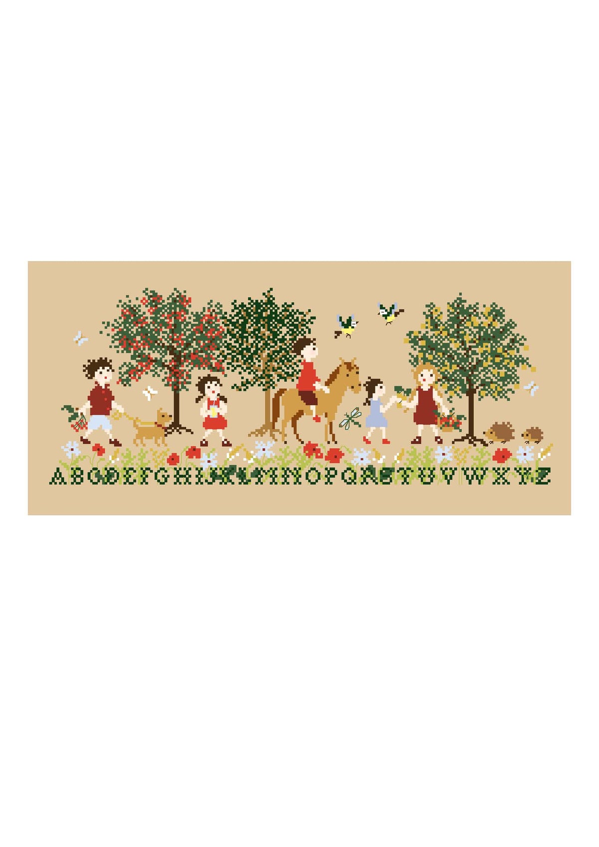 Brodez Les beaux jours de Perrette Samouïloff, une scène estivale avec enfants, fleurs et alphabet. Grille de point de croix de 210 × 83 points.