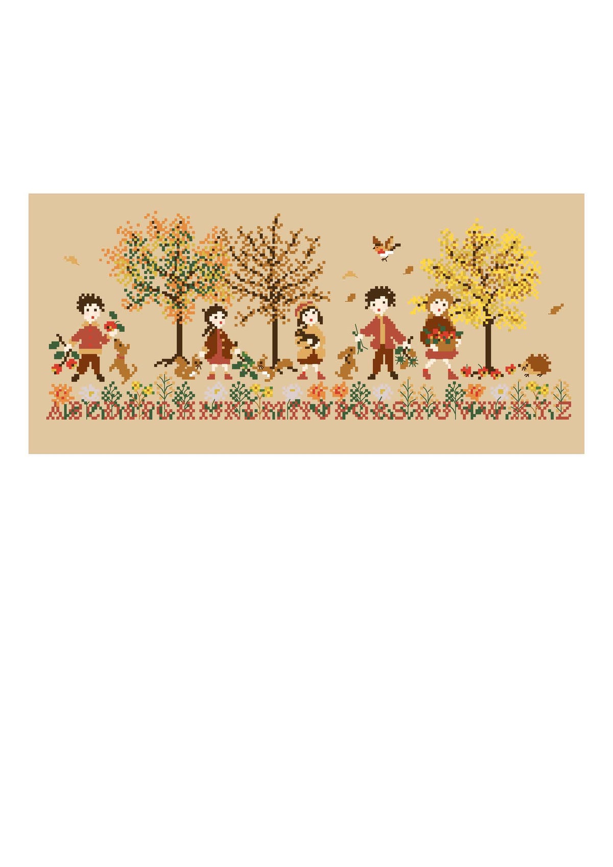 Brodez Les couleurs de l’automne de Perrette Samouïloff, une scène chaleureuse avec enfants, feuilles et petits animaux. Grille de point de croix de 209 × 83 points.