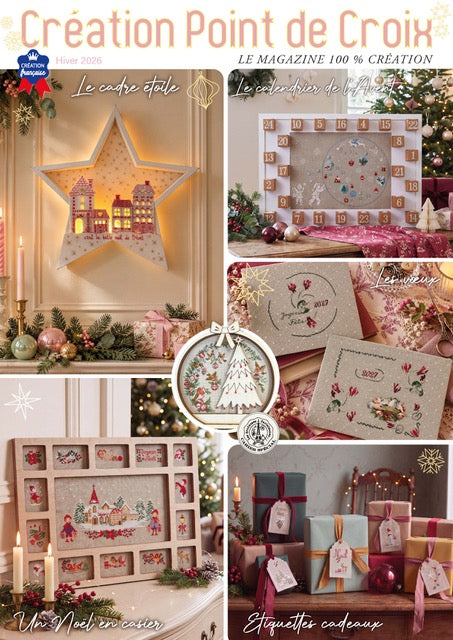 Brodez Un Noël en casier : village enneigé, sapins et miniatures de fête au point de croix. Grille à retrouver dans Création Point de Croix n°121.