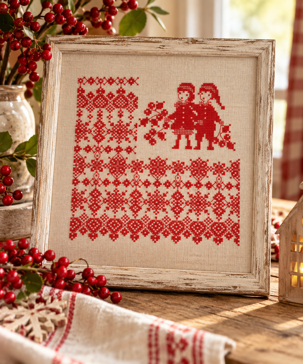Grille de point de croix Rouge bouquet de houx de Perrette Samouïloff : un motif de Noël de 98 × 99 points, à broder sur toile blanche ou claire.