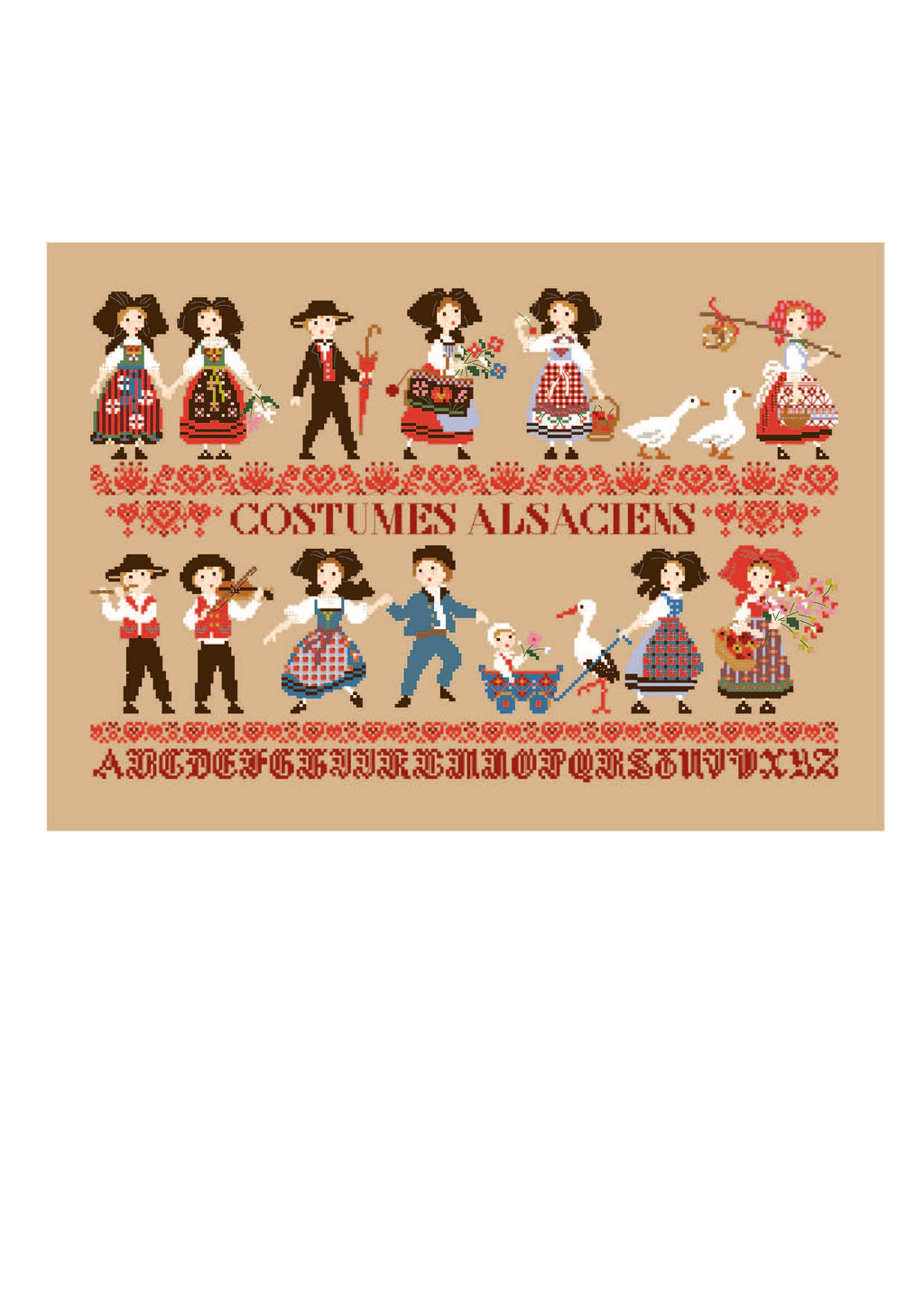 Brodez les costumes et traditions d’Alsace avec cette grille de point de croix de Perrette Samouïloff. Modèle de 250 × 165 points.