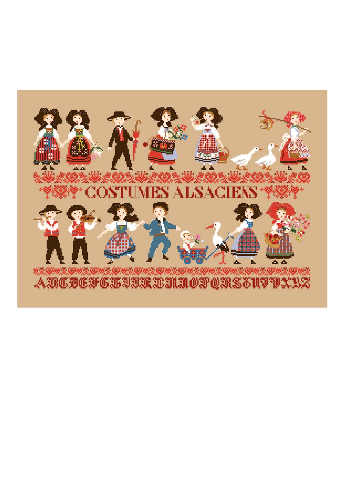 Brodez les costumes et traditions d’Alsace avec cette grille de point de croix de Perrette Samouïloff. Modèle de 250 × 165 points.