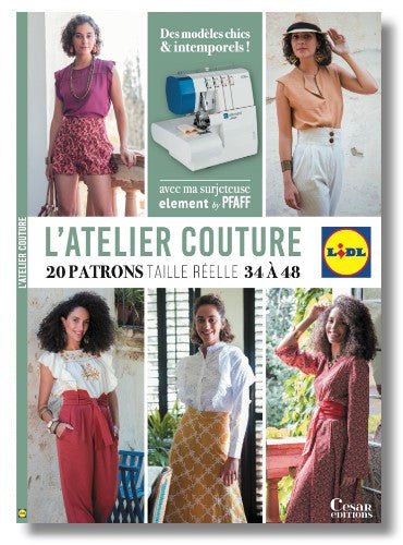 20 patrons taille réelle (34-48) pour coudre avec la surjeteuse PFAFF LIDL. Tops, robes, pantalons et accessoires zéro déchet. César Editions.