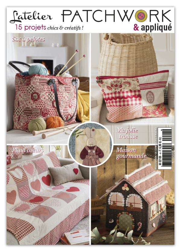 15 projets patchwork et appliqué : sac à pelotes, plaid couture, trousse fillette et plus. Patrons taille réelle et explications illustrées pour tous niveaux.