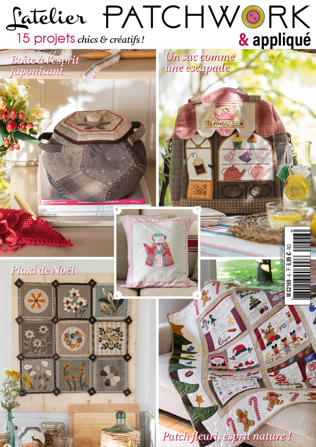 Projets patchwork Noël et Avent : sac fleuri, coussins brodés, plaids et calendrier de l’Avent. Créations fait main pour embellir la maison.