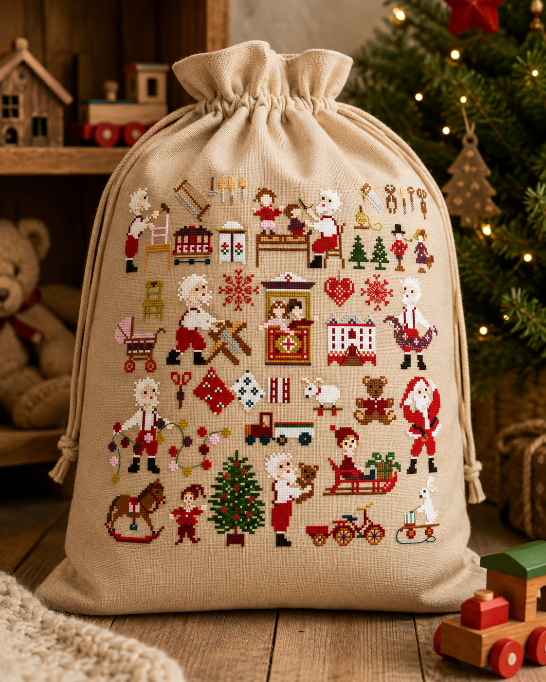 Grille point de croix Noël de Perrette Samouïloff : l’atelier du Père Noël avec jouets, personnages et traîneau. 150×150 pts. Point de croix 2 brins sur toile bis.