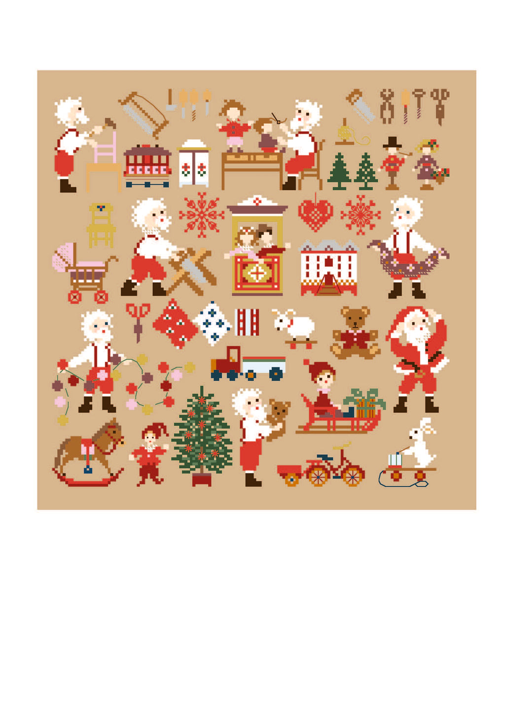 Grille point de croix Noël de Perrette Samouïloff : l’atelier du Père Noël avec jouets, personnages et traîneau. 150×150 pts. Point de croix 2 brins sur toile bis.