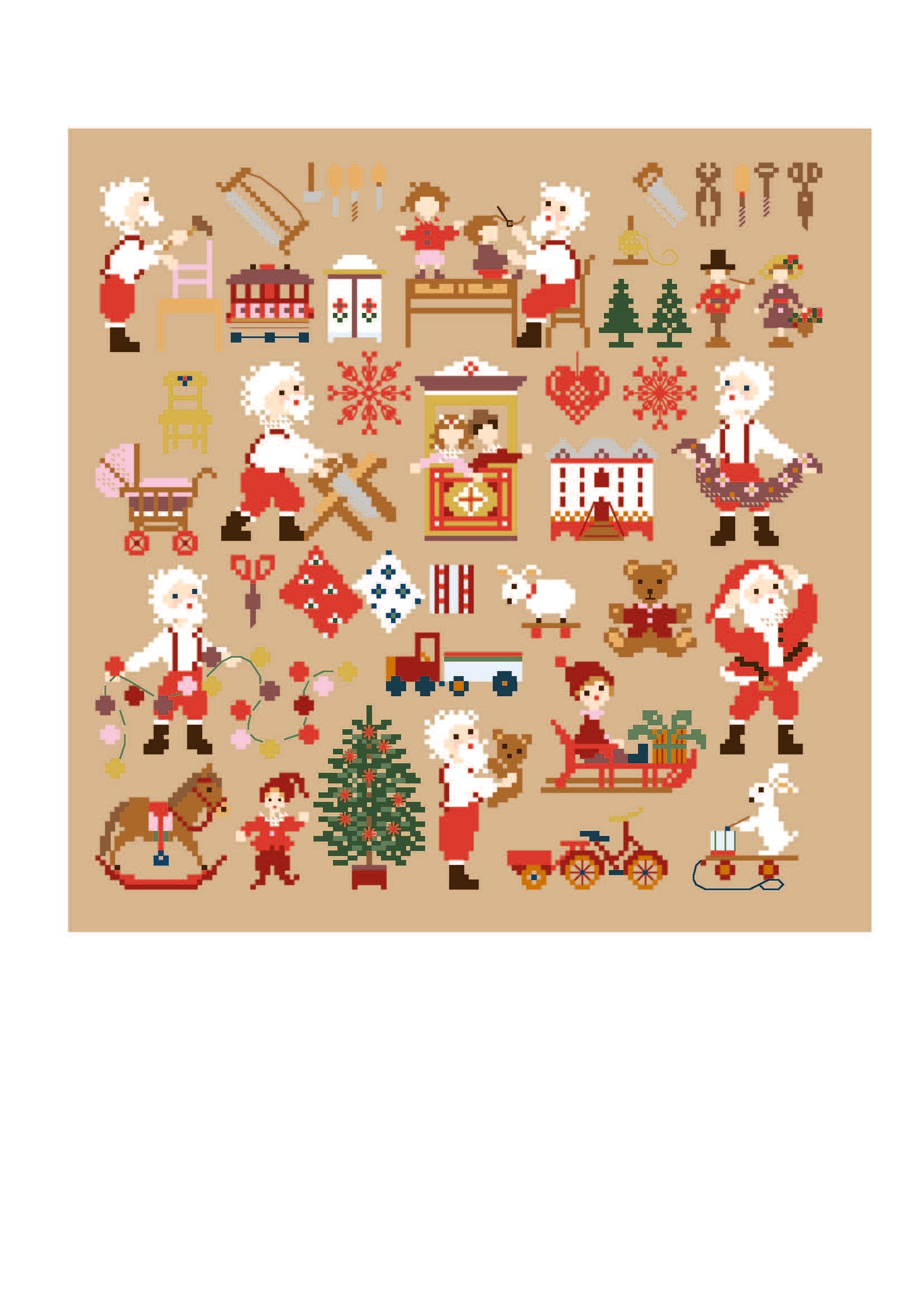Grille point de croix Noël de Perrette Samouïloff : l’atelier du Père Noël avec jouets, personnages et traîneau. 150×150 pts. Point de croix 2 brins sur toile bis.