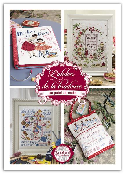 Mook point de croix : motifs autour de l’atelier de couture — galons, rubans, ciseaux, dés à broder — avec des créations pratiques pour organiser votre coin couture.