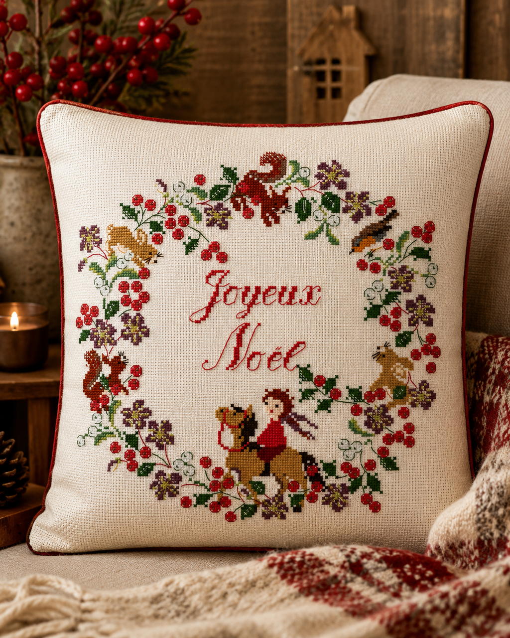 Grille point de croix Noël de Perrette Samouïloff : couronne festive avec petits animaux, baies et feuillages. 146×143 pts. Point de croix 2 brins sur toile naturelle.