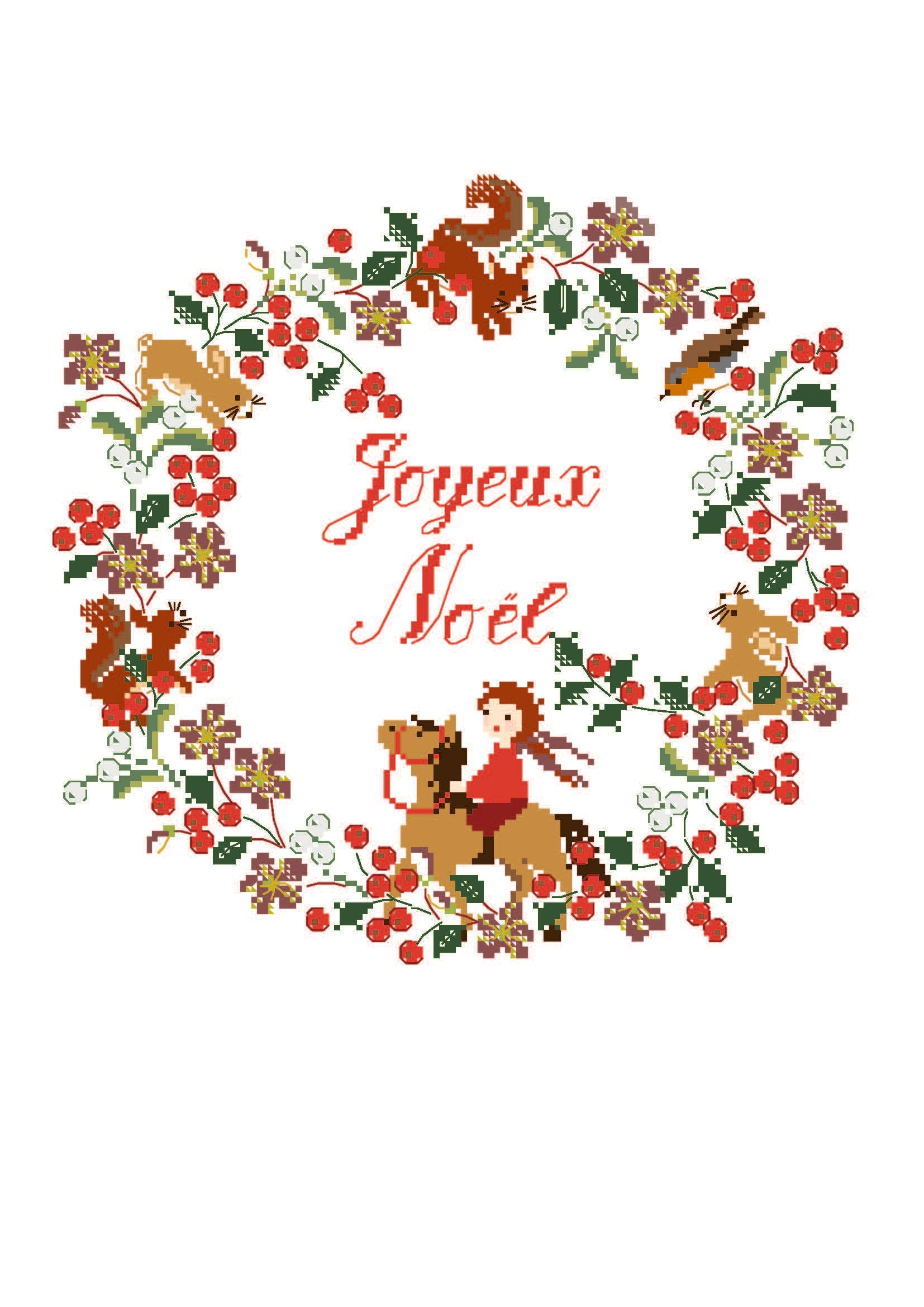 Grille point de croix Noël de Perrette Samouïloff : couronne festive avec petits animaux, baies et feuillages. 146×143 pts. Point de croix 2 brins sur toile naturelle.