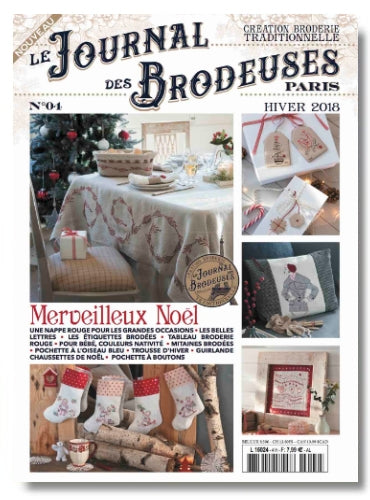 Numéro Noël du Journal des Brodeuses : chaussettes, guirlandes, coussins et pochettes brodés. Projets chaleureux pour les fêtes, créations inédites.