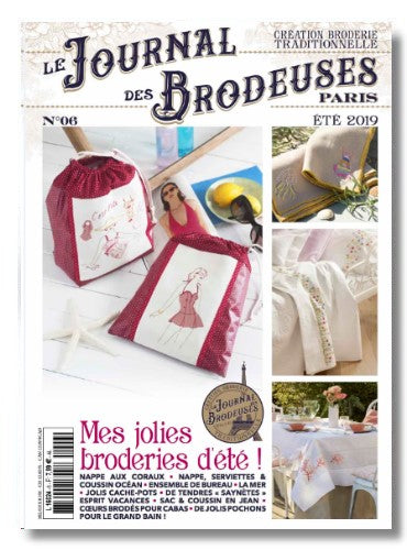 Numéro été du Journal des Brodeuses : pochettes bord de mer, accessoires vacances et décorations estivales. Projets de broderie légers et colorés.