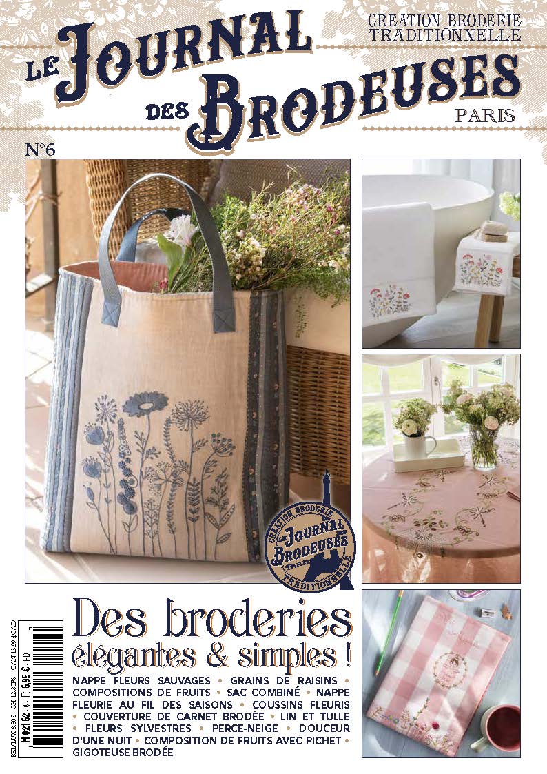 Numéro printemps du Journal des Brodeuses FM : sac fleuri, nappe printanière, linge botanique et vêtements brodés. Projets délicats pour toutes les brodeuses.