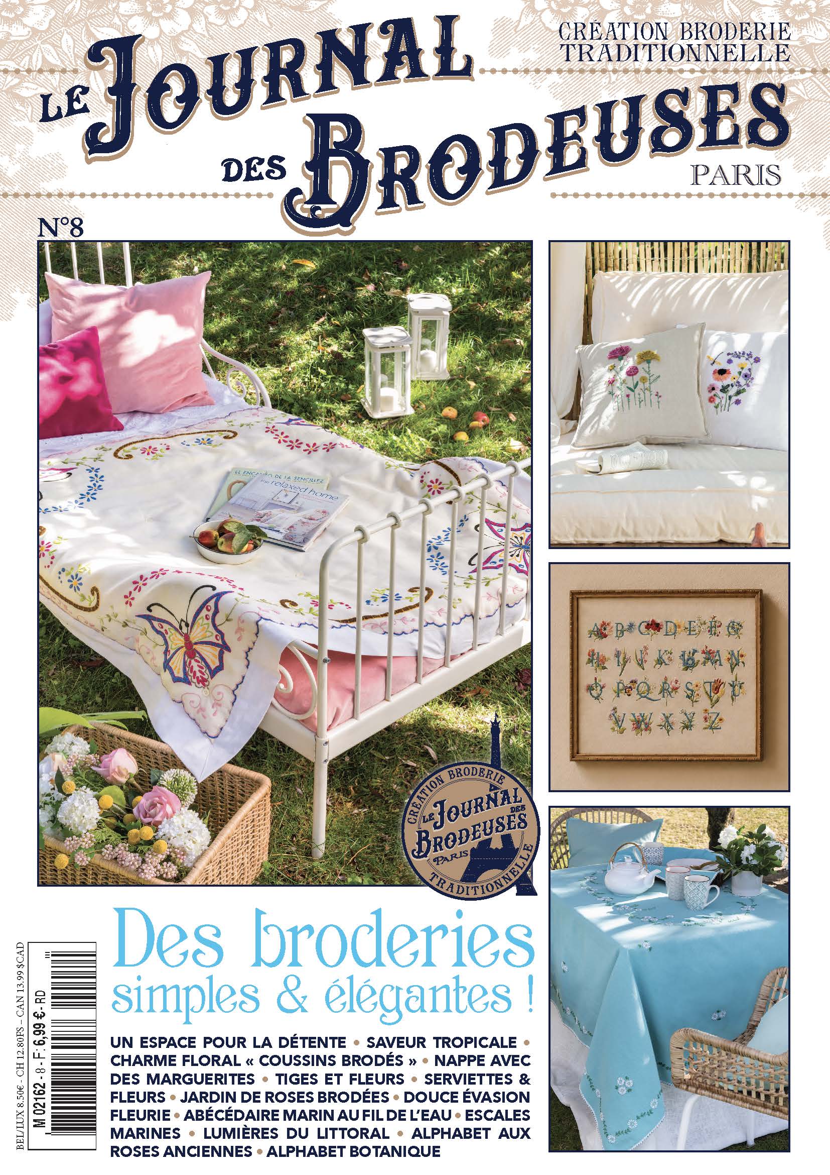 Découvrez le N°8 du Journal des Brodeuses : coussins fleuris, broderies poétiques et motifs végétaux pour embellir votre intérieur avec élégance.