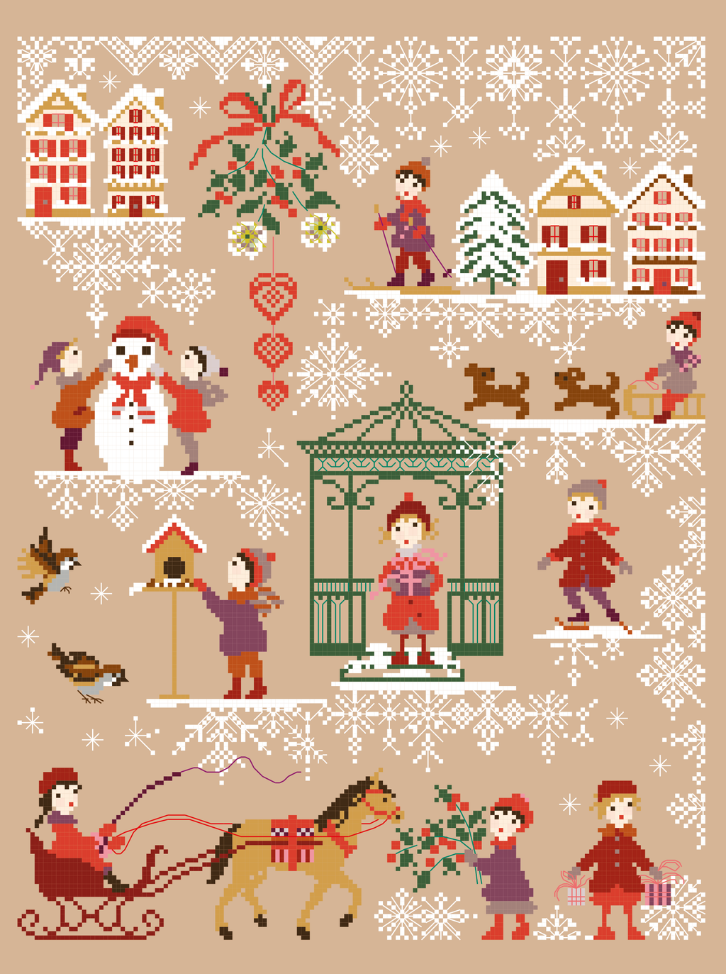 Grille point de croix Noël : kiosque enneigé, scène féérique. 160x230 pts. Broderie hivernale poétique signée Perrette Samouïloff.