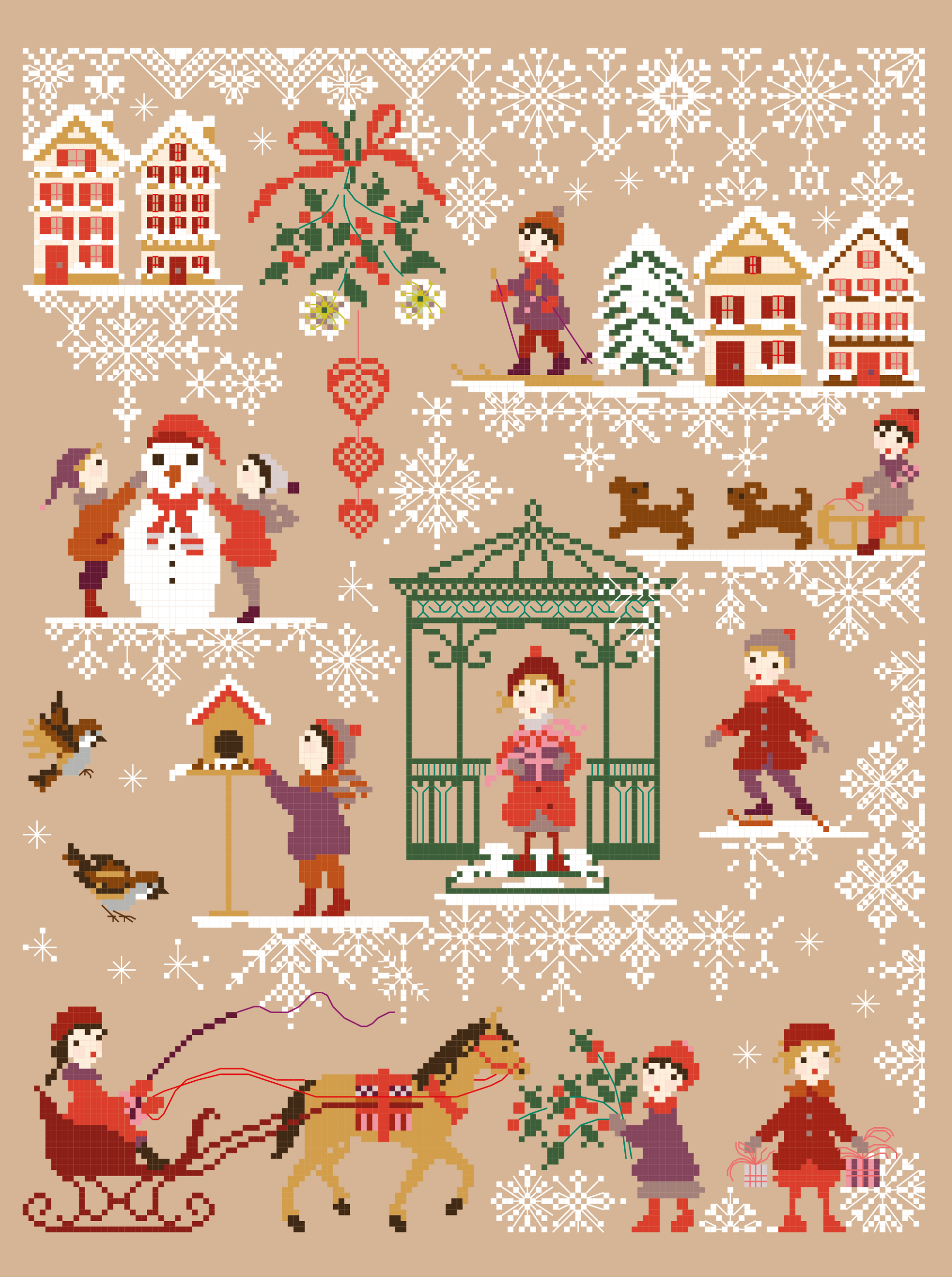 Grille point de croix Noël : kiosque enneigé, scène féérique. 160x230 pts. Broderie hivernale poétique signée Perrette Samouïloff.