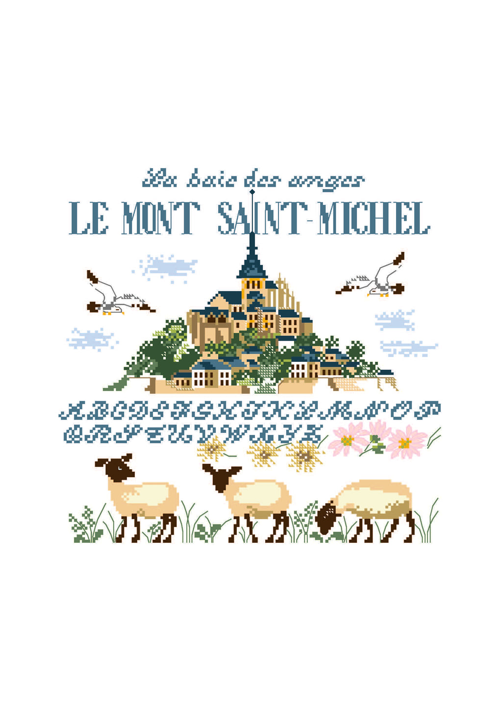 Grille point de croix représentant le Mont Saint-Michel avec moutons des prés salés et mouettes. Création de Perrette Samouiloff. 146 x 143 points, point de croix 2 brins.