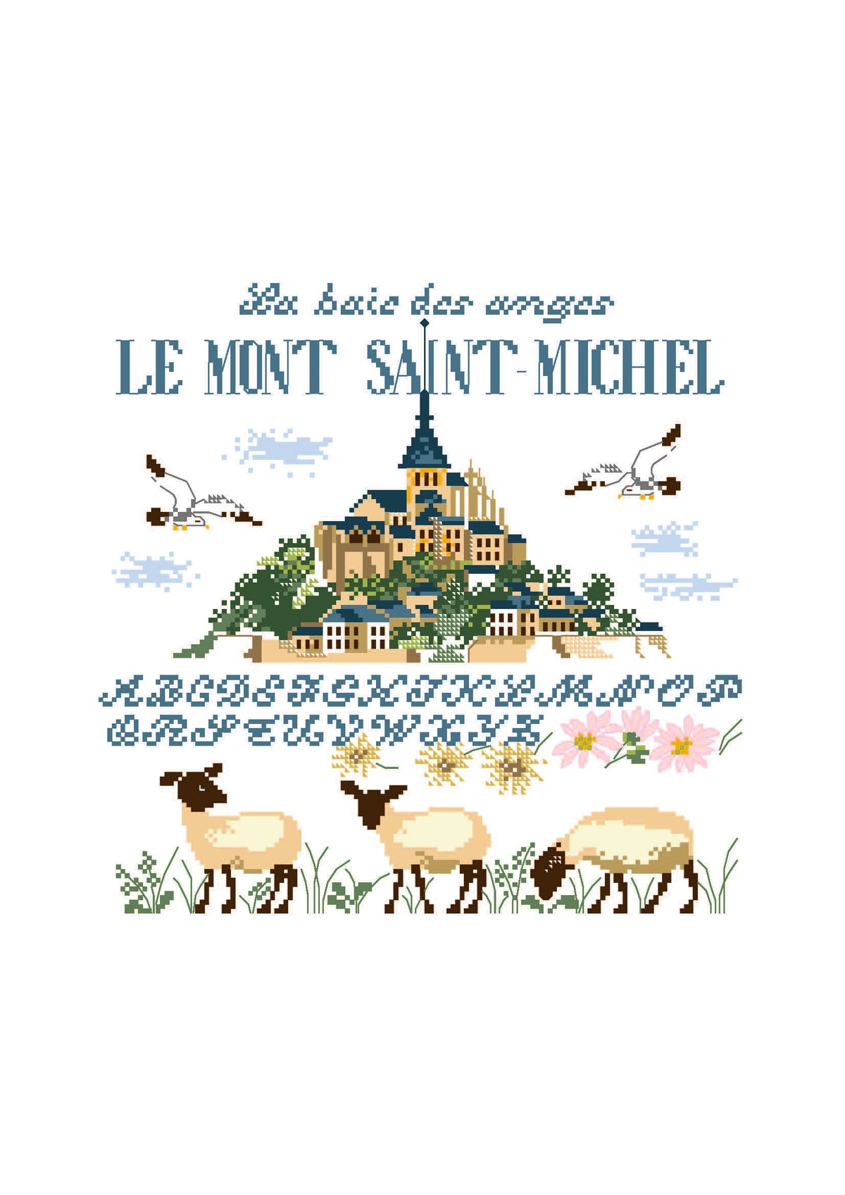 Grille point de croix représentant le Mont Saint-Michel avec moutons des prés salés et mouettes. Création de Perrette Samouiloff. 146 x 143 points, point de croix 2 brins.