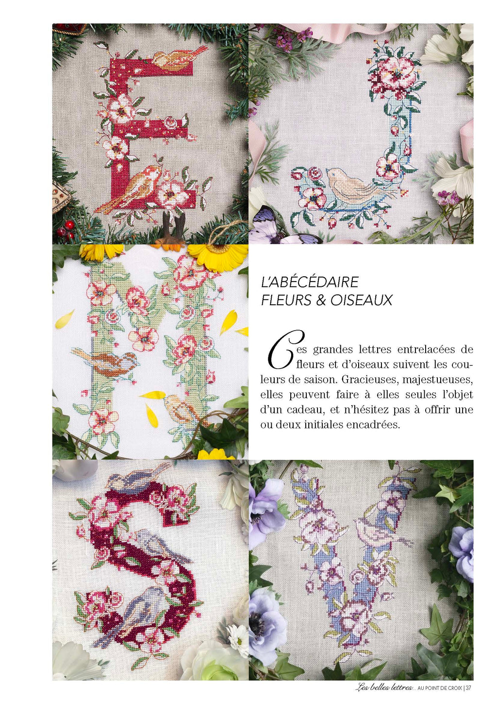 Mook point de croix : abécédaires et belles lettres à broder, du classique au fantaisiste — oiseaux, papillons, lettrines et motifs rétro pour tous niveaux.