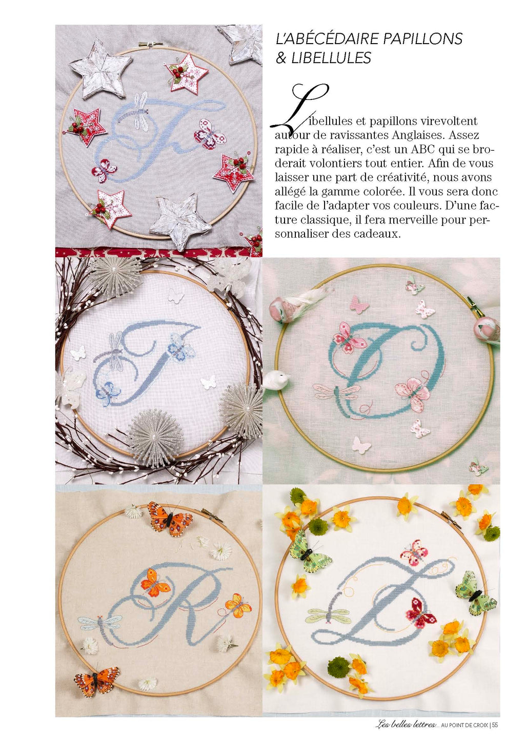 Mook point de croix : abécédaires et belles lettres à broder, du classique au fantaisiste — oiseaux, papillons, lettrines et motifs rétro pour tous niveaux.