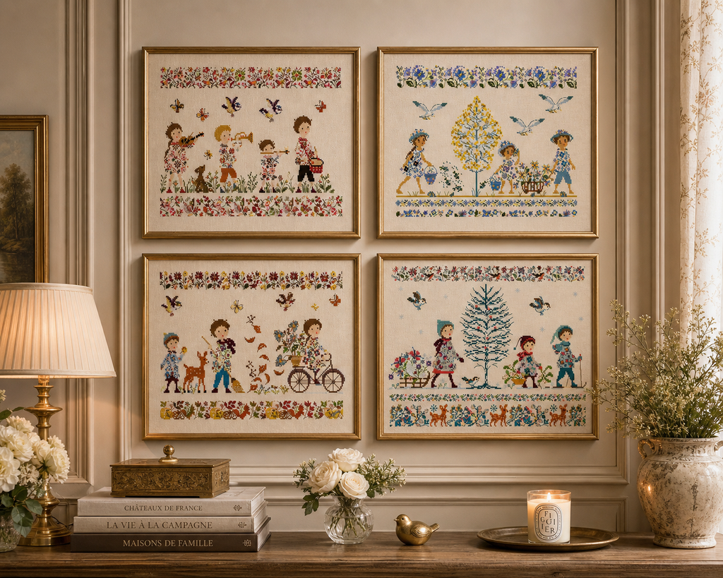 Grille point de croix représentant des enfants au jardin dans un esprit Liberty : fleurs, oiseaux et arbre lumineux. Création de Perrette Samouiloff. 180 x 151 points.