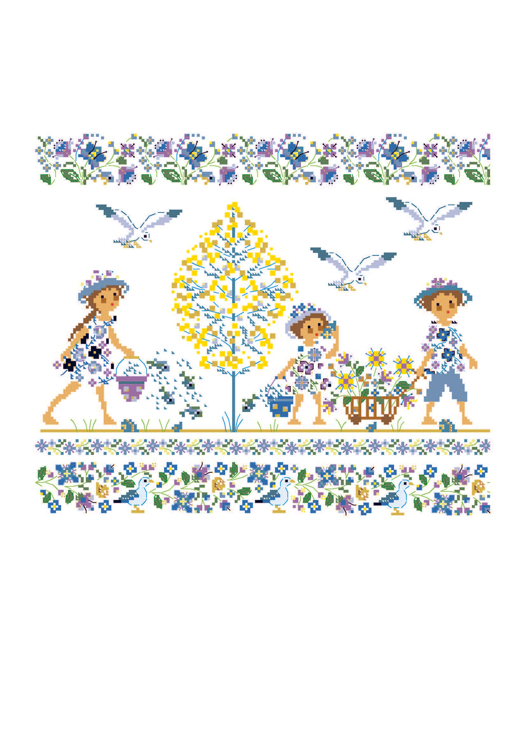 Grille point de croix représentant des enfants au jardin dans un esprit Liberty : fleurs, oiseaux et arbre lumineux. Création de Perrette Samouiloff. 180 x 151 points.