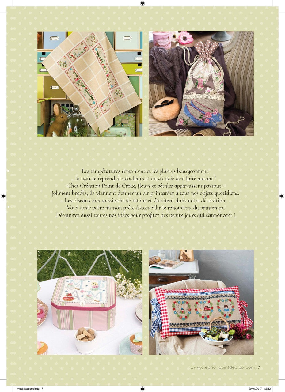 Mook point de croix : une quarantaine de motifs broderie inspirés des quatre saisons — printemps, été, automne et hiver — pour célébrer le charme du temps qui passe.