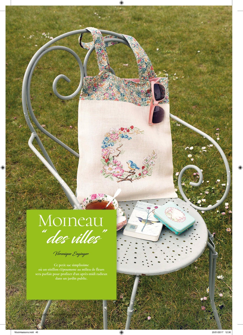 Mook point de croix : une quarantaine de motifs broderie inspirés des quatre saisons — printemps, été, automne et hiver — pour célébrer le charme du temps qui passe.