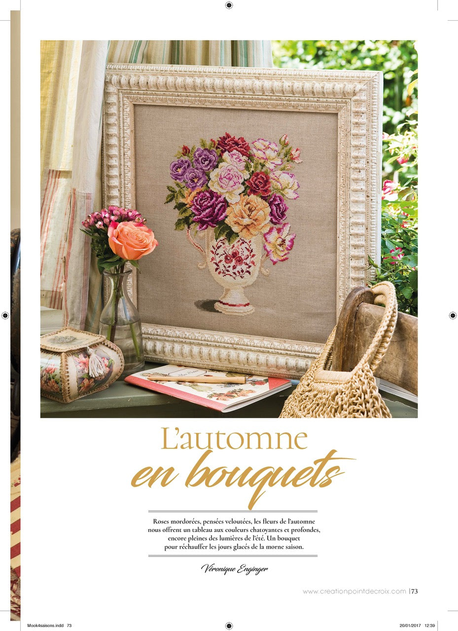 Mook point de croix : une quarantaine de motifs broderie inspirés des quatre saisons — printemps, été, automne et hiver — pour célébrer le charme du temps qui passe.