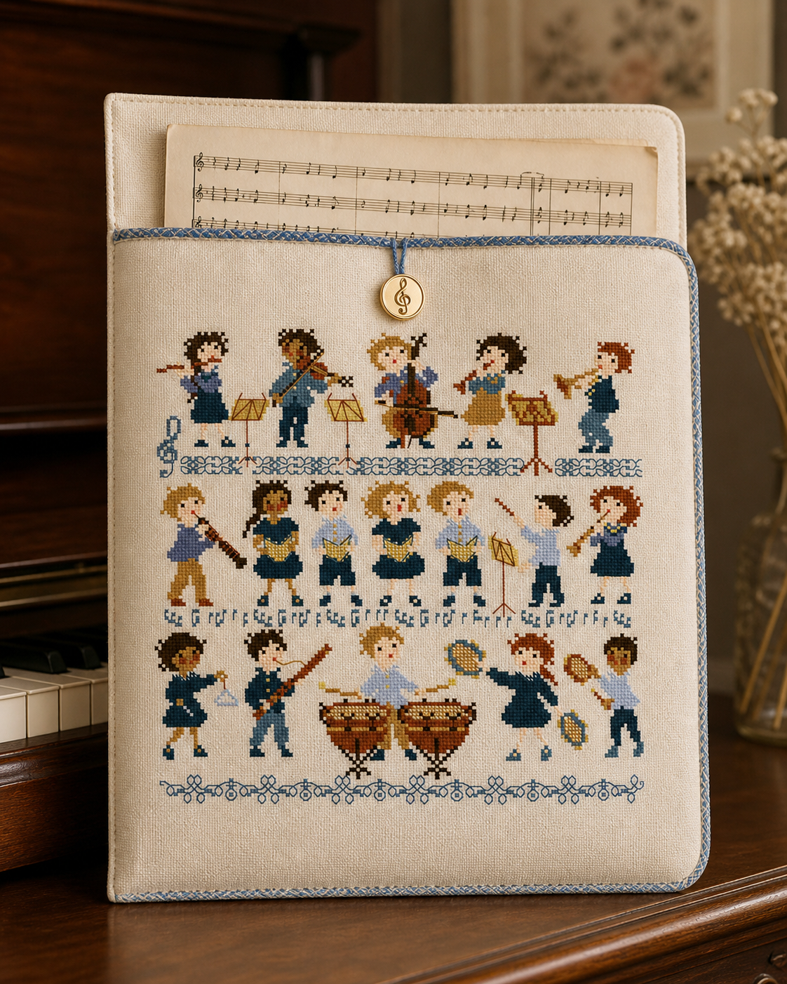 Grille de point de croix "Mes musiciens" de Perrette Samouïloff. 139 x 138 points, orchestre d'enfants aux couleurs douces. Idéale pour une chambre d'enfant ou décoration musicale.
