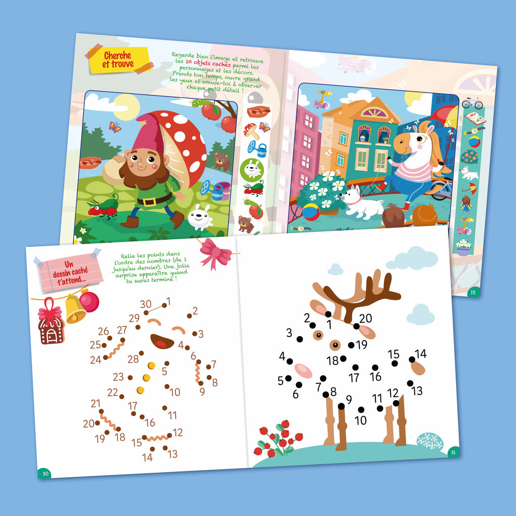 Magazine cherche et trouve pour les 1-3 ans. Scènes tendres, formes et couleurs pour stimuler l’attention et le langage. Un moment de découverte à partager.