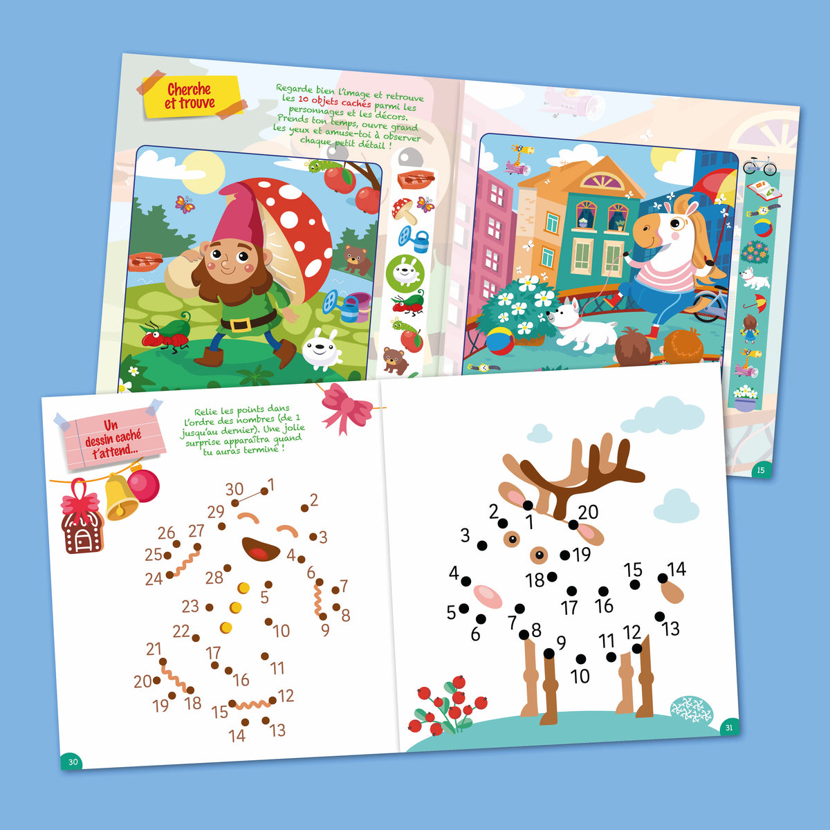 Magazine cherche et trouve pour les 1-3 ans. Scènes tendres, formes et couleurs pour stimuler l’attention et le langage. Un moment de découverte à partager.