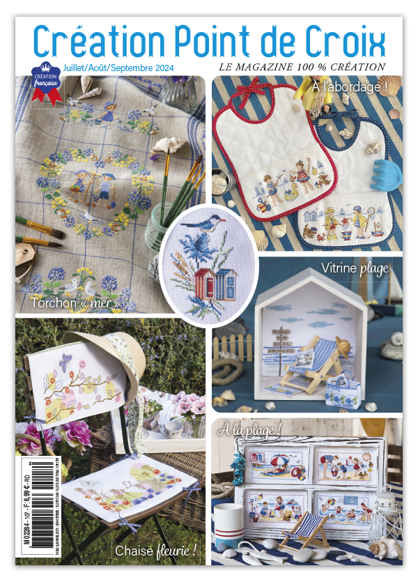 Découvrez le numéro 107 du magazine de broderie : motifs d'été, mer, cuisine, Pays Basque et projets point de croix pour des vacances brodées.