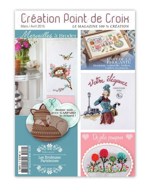 Magazine Point de Croix N°49 (Mars/Avr 2015) : motifs printaniers, herbes aromatiques, chouettes et modèles bébé. Grilles inédites par César Editions.