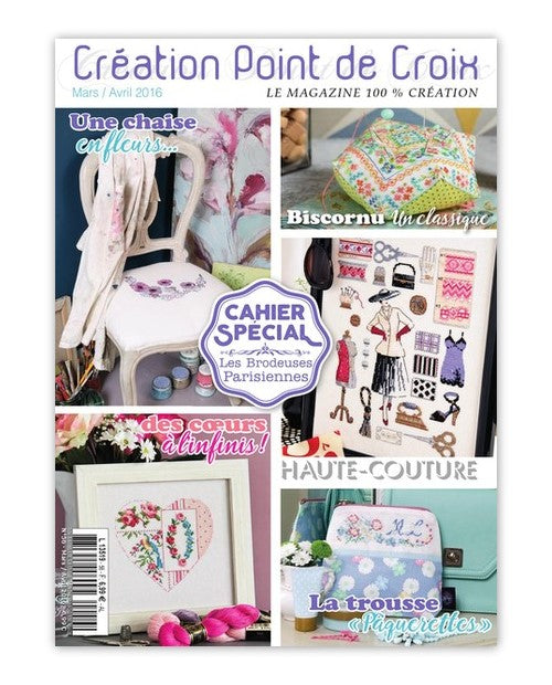 Magazine Point de Croix N°56 (Mars/Avr 2016) : spécial amour et mariage, coeurs, colombes et motifs romantiques. Grilles inédites par César Editions.