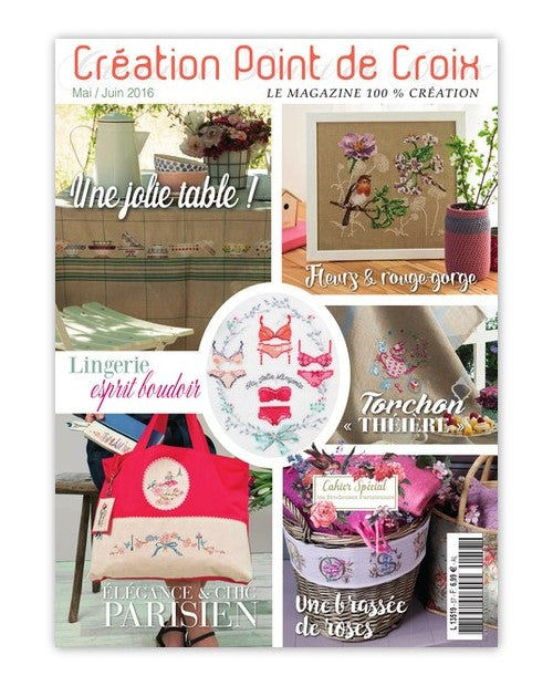 Magazine Point de Croix N°57 (Mai/Juin 2016) : motifs printaniers, oiseaux, fleurs et nappes brodées. Grilles inédites par César Editions.