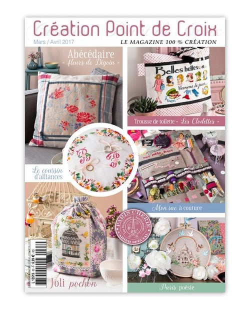 Magazine Point de Croix N°63 (Mars/Avr 2017) : grilles inédites, broderies fleuries et projets créatifs signés César Editions.