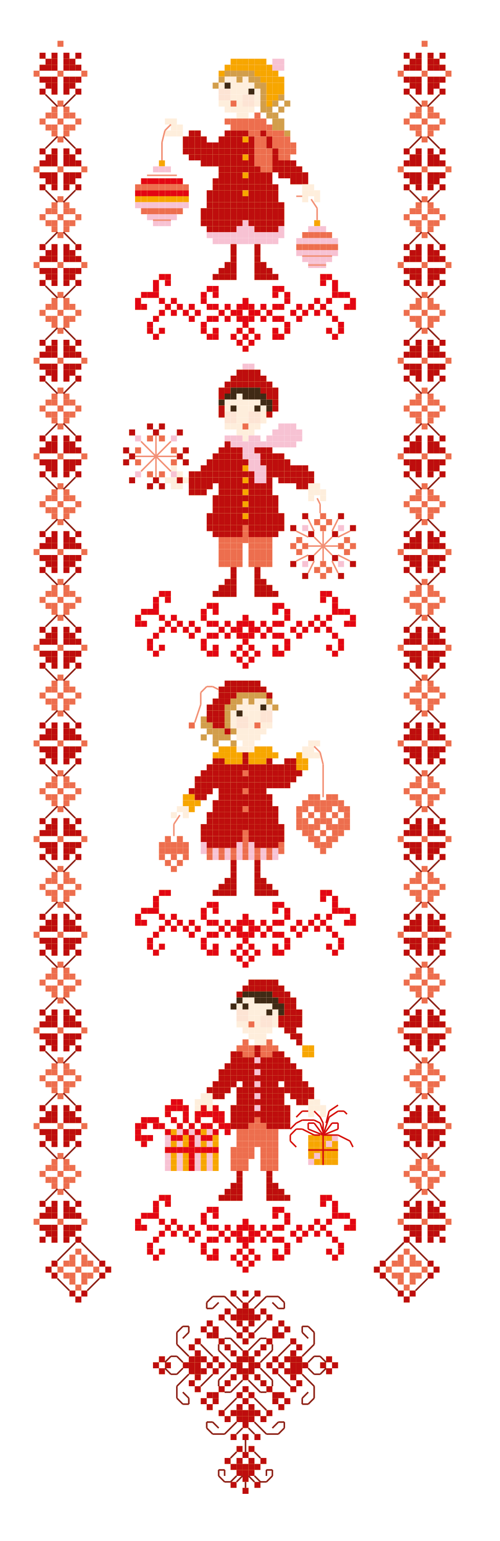 Grille point de croix Noël en frise : enfants, cadeaux, bougies. 70x243 pts. Broderie festive signée Perrette Samouïloff.