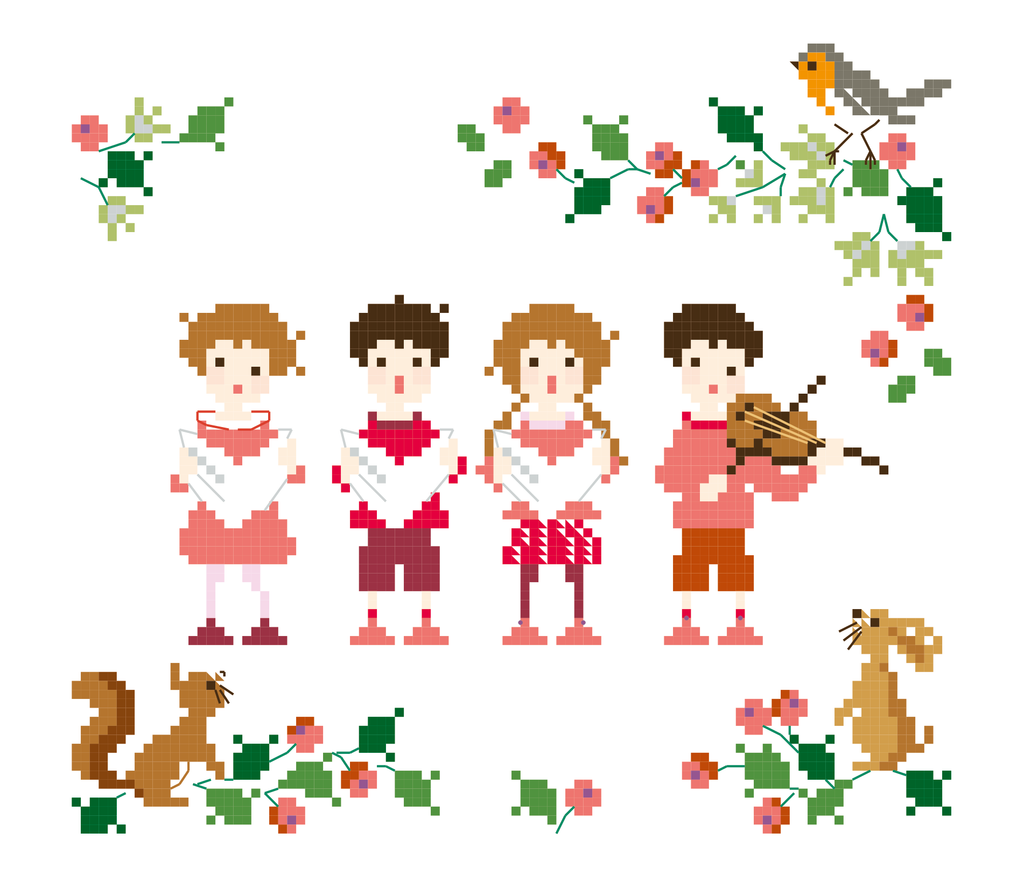Grille point de croix Noël : petits musiciens, village enneigé. 99x88 pts. Scène hivernale poétique signée Perrette Samouïloff.