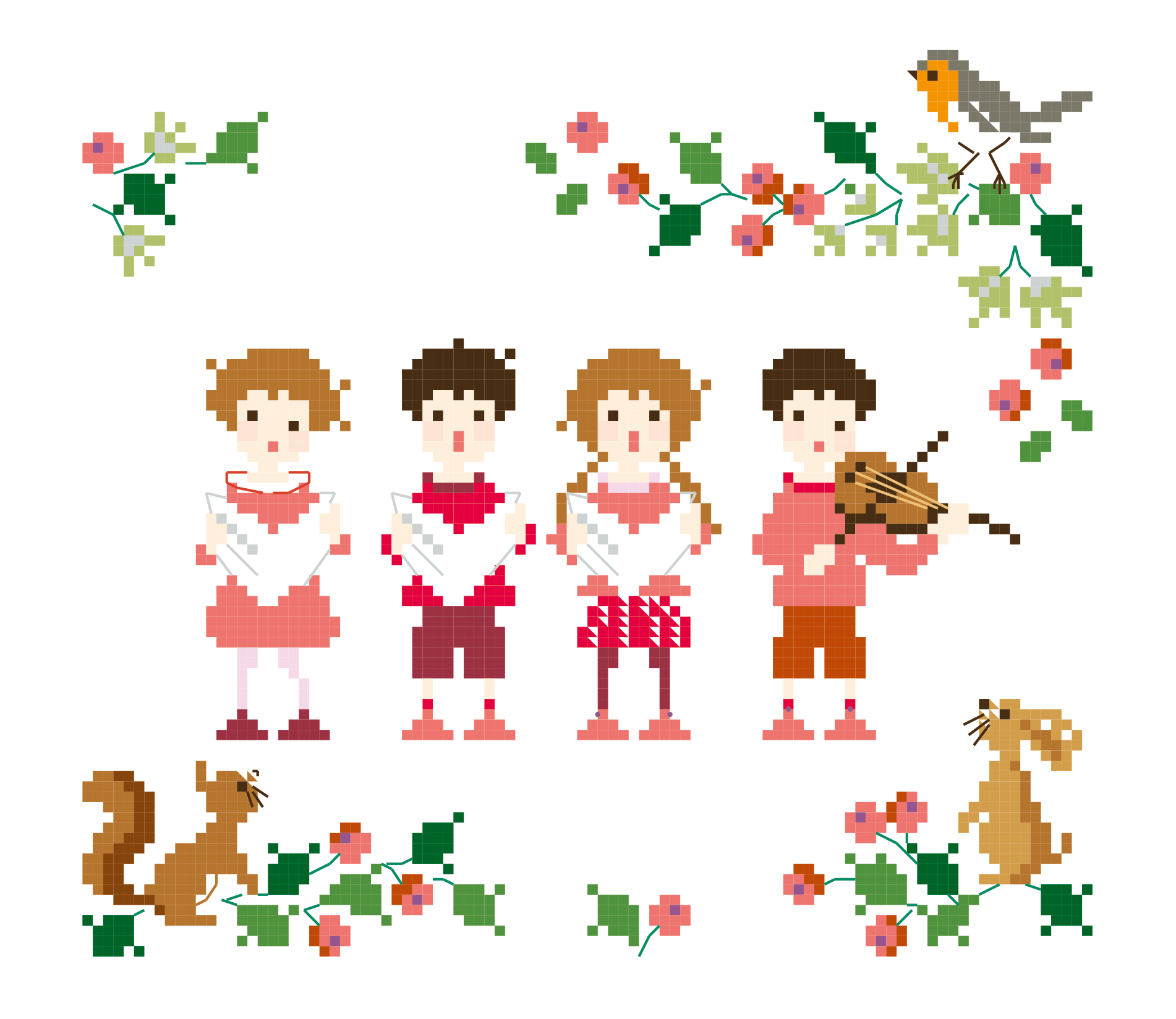 Grille point de croix Noël : petits musiciens, village enneigé. 99x88 pts. Scène hivernale poétique signée Perrette Samouïloff.