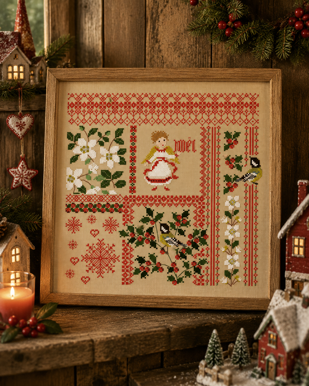 Grille point de croix Noël de Perrette Samouïloff : sampler avec fleurs blanches, houx, oiseaux et petite fille en fête. 156×152 pts. Point de croix 2 brins sur toile bis.
