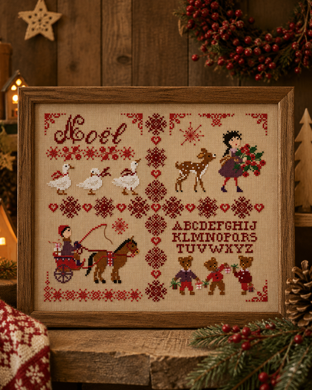 Grille point de croix Noël de Perrette Samouïloff : sampler nostalgique avec oies, faon, enfants et alphabet traditionnel. 156×130 pts. Point de croix 2 brins sur toile bis.