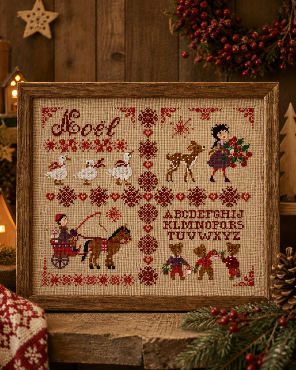Grille point de croix Noël de Perrette Samouïloff : sampler nostalgique avec oies, faon, enfants et alphabet traditionnel. 156×130 pts. Point de croix 2 brins sur toile bis.