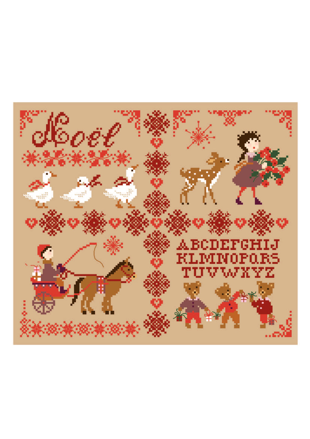 Grille point de croix Noël de Perrette Samouïloff : sampler nostalgique avec oies, faon, enfants et alphabet traditionnel. 156×130 pts. Point de croix 2 brins sur toile bis.
