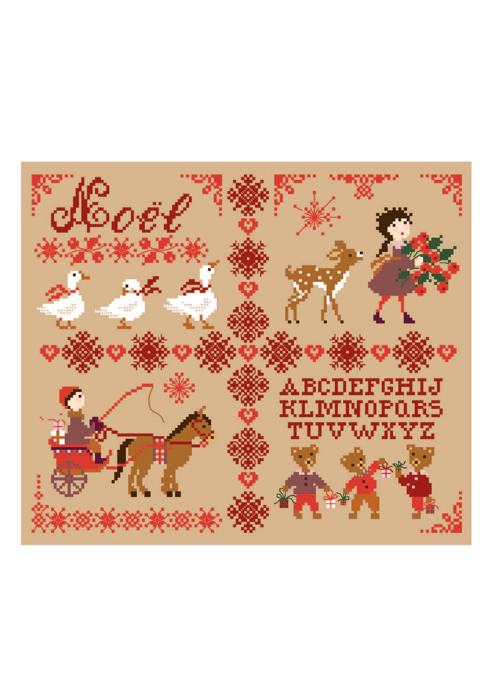 Grille point de croix Noël de Perrette Samouïloff : sampler nostalgique avec oies, faon, enfants et alphabet traditionnel. 156×130 pts. Point de croix 2 brins sur toile bis.