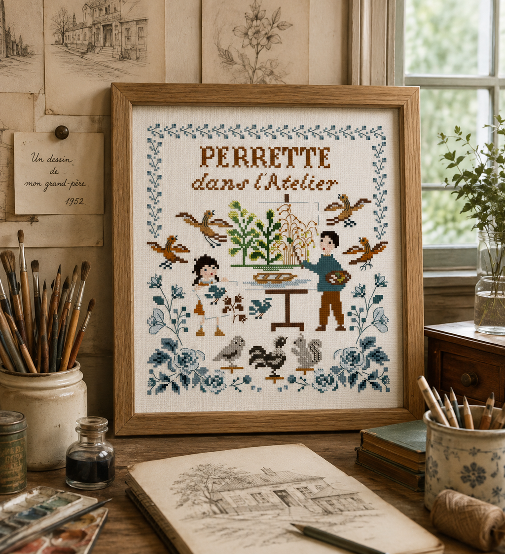 Grille point de croix Perrette Samouiloff – Atelier de papa. 120 x 130 points, sur toile blanche. Point de croix, piqûre et nœud. Une broderie poétique et tendre.