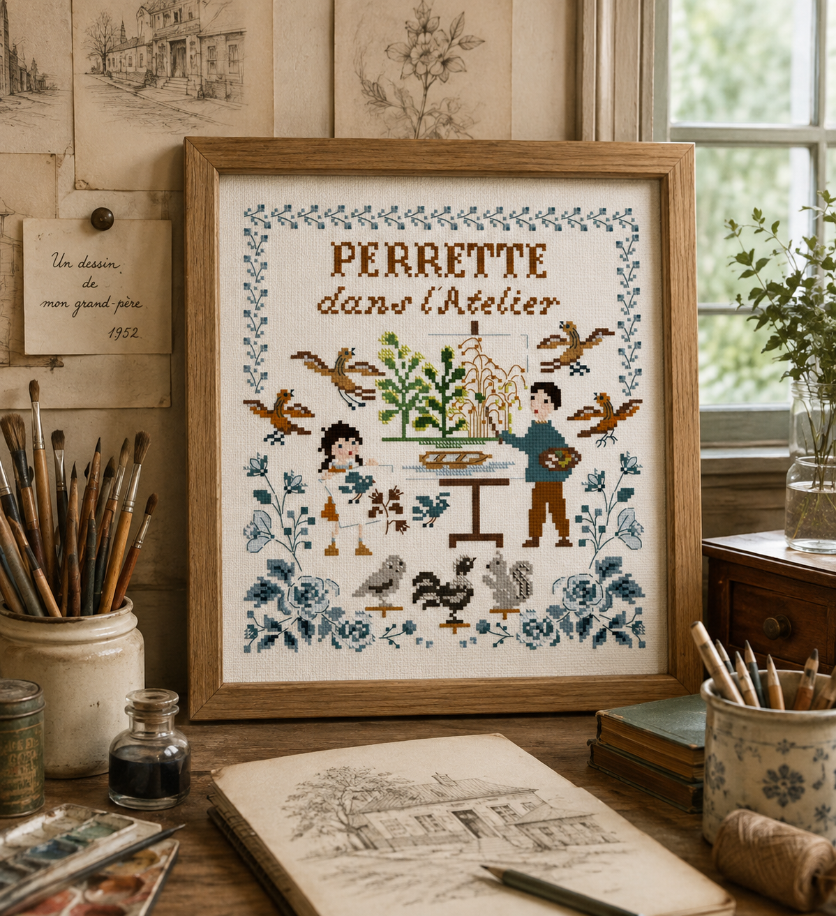 Grille point de croix Perrette Samouiloff – Atelier de papa. 120 x 130 points, sur toile blanche. Point de croix, piqûre et nœud. Une broderie poétique et tendre.