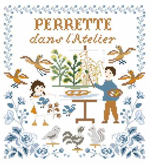 Grille point de croix Perrette Samouiloff – Atelier de papa. 120 x 130 points, sur toile blanche. Point de croix, piqûre et nœud. Une broderie poétique et tendre.